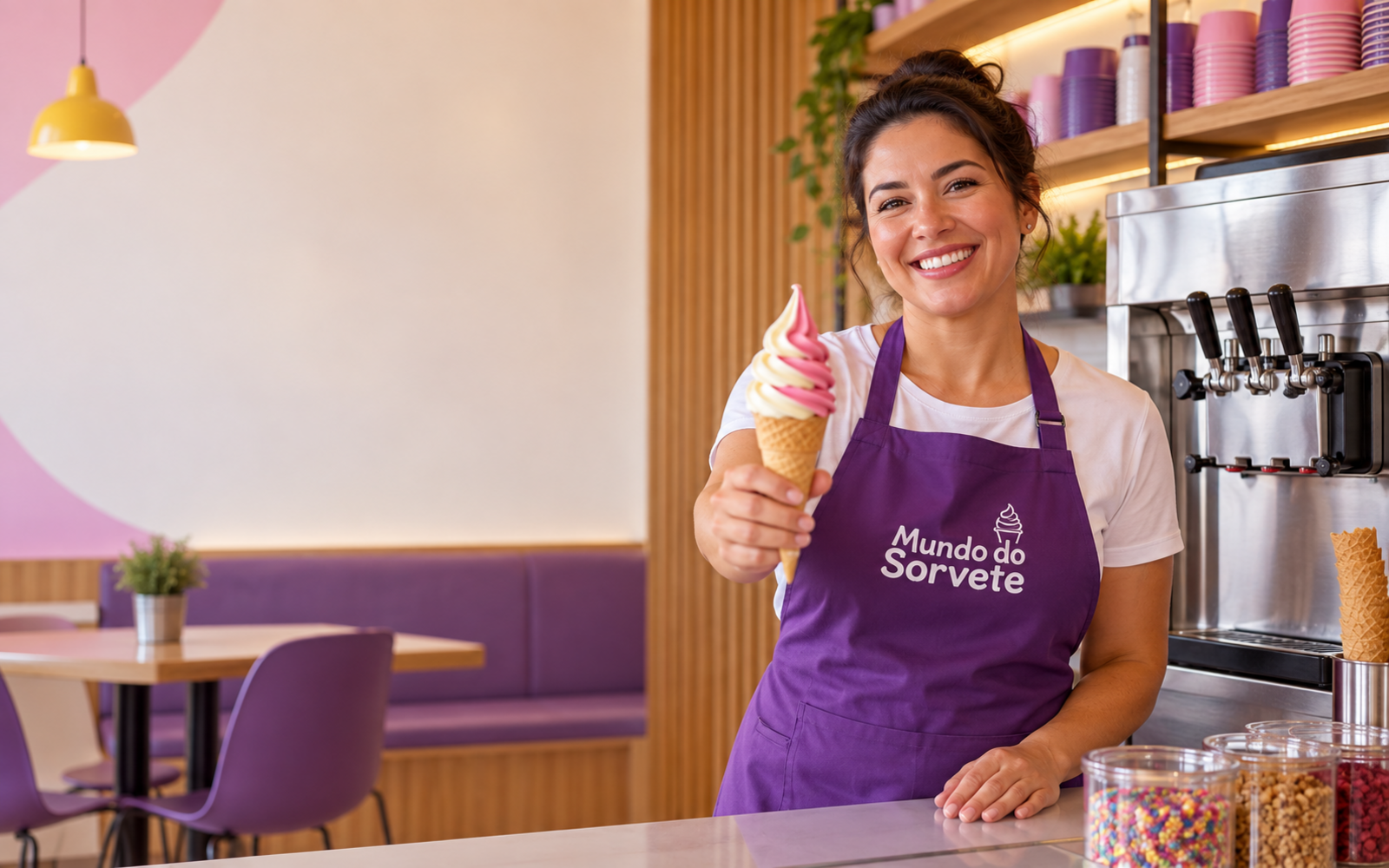 Empreendedora servindo sorvete expresso em uma sorveteria com máquina profissional